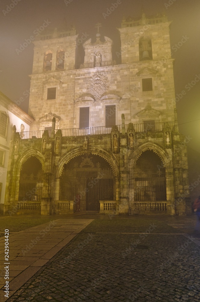 Cathedral of Braga on a foggy night. Braga, Porto, Portugal