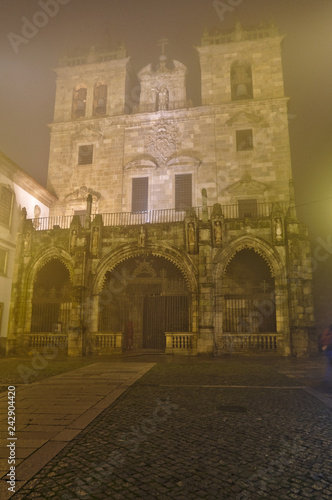 Cathedral of Braga on a foggy night. Braga  Porto  Portugal