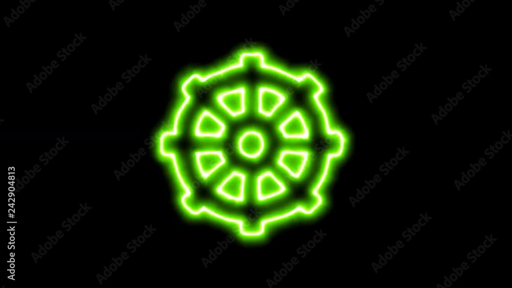 The appearance of the green neon symbol dharmachakra. Flicker, In - Out. Alpha channel Premultiplied - Matted with color black The appearance of the green neon symbol dharmachakra. Flicker, In - Out. Alpha channel Premultiplied - Matted with color black