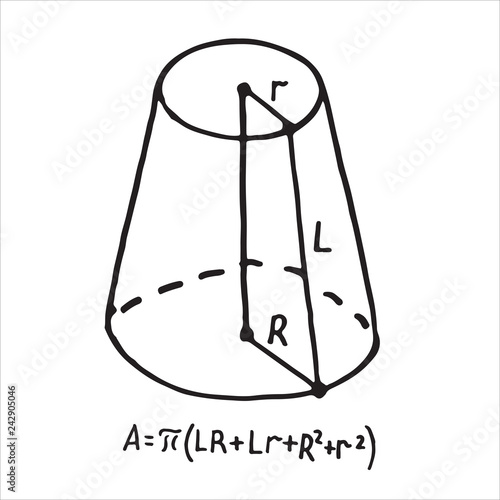 Hand drawn truncated cone surface area. Sketch for education, icon