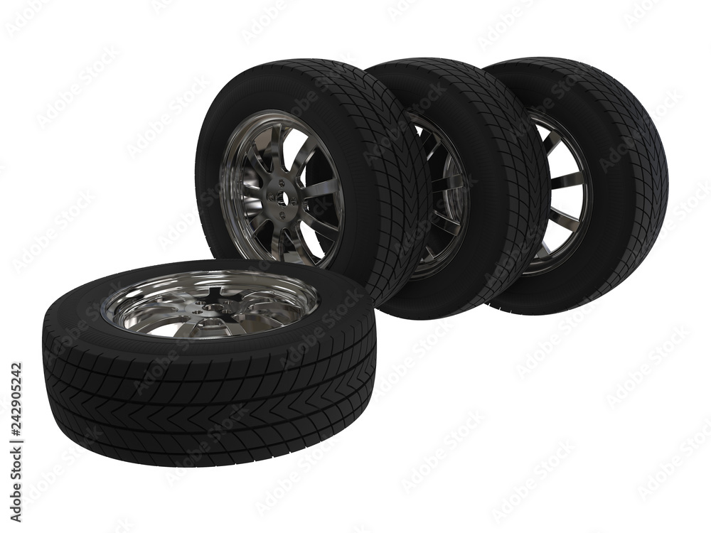 Set of car wheels on alloy wheels. 3D illustration. Set of car wheels on alloy wheels. 3D illustration.