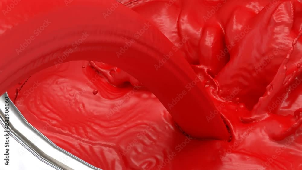 Animated high angle and close up view of red paint or other thick substance pouring and splashing into large round stainless steel container and overflowing it. Animated high angle and close up view of red paint or other thick substance pouring and splashing into large round stainless steel container and overflowing it.