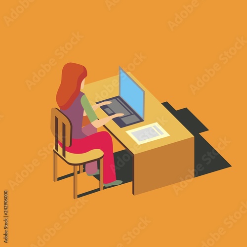 Изометрия девушка за столом с ноутбуком