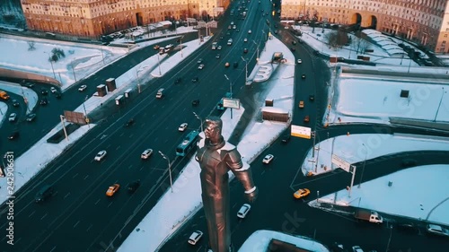 MOSCOW 01.11.2019. Aerial view of the avenue. Iron sculpture to the first cosmonaut Yuri Gagarin. Winter evening, frost.