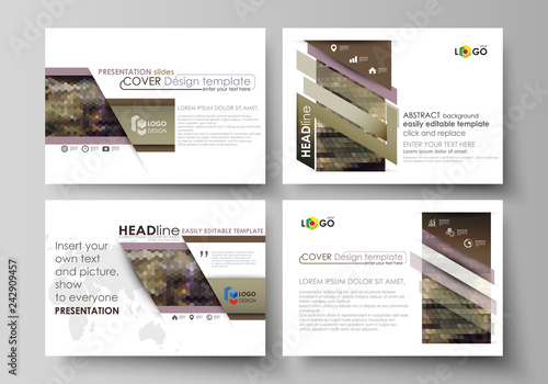 Set of business templates for presentation slides. Easy editable vector layouts in flat design. Abstract multicolored backgrounds. Geometrical patterns. Triangular and hexagonal style.