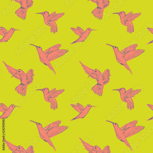 Vector living coral hummingbirds seamless pattern on sulphur spring green background.