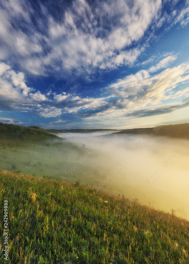 foggy canyon of a picturesque river. spring dawn. morning in national park
