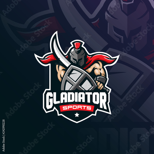 gladiator mascot logo design vector with modern illustration concept style for badge, emblem and tshirt printing. spartan illustration with sword and shield.
