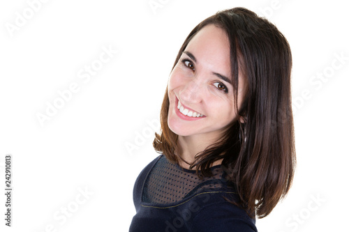beautiful woman with black suit dress smiling with copy space