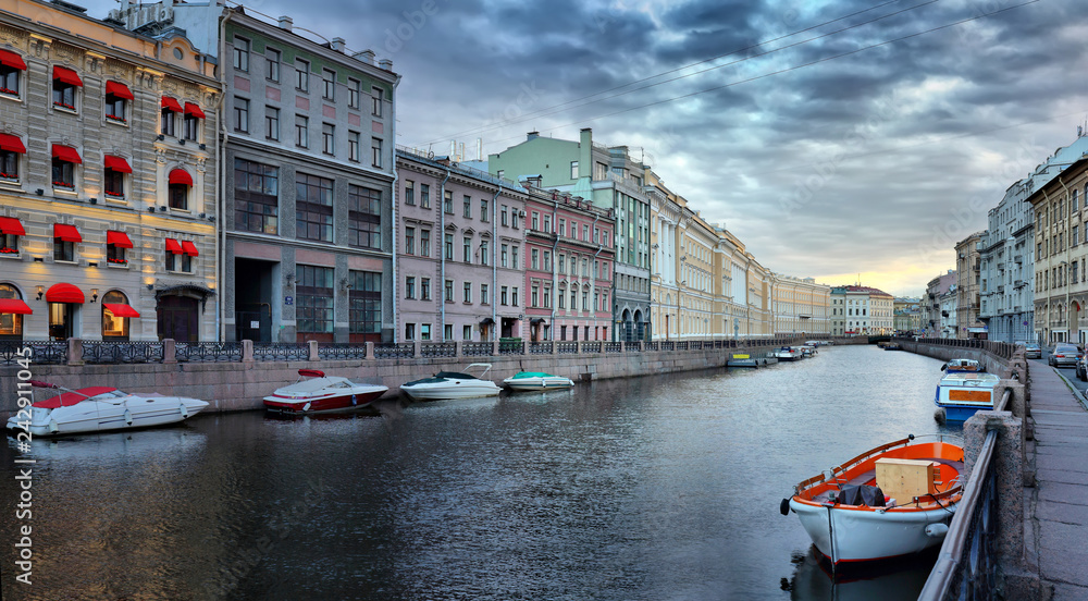 Moika river embankment in St. Petersburg before dawn