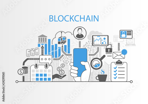 Blockchain concept with hand holding modern bezel free smart phone