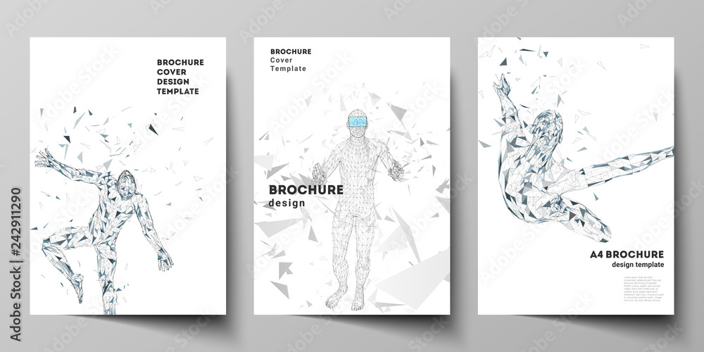 The vector layout of A4 format modern cover mockups design templates for brochure, magazine, flyer, booklet, annual report. Man with glasses of virtual reality. Abstract vr, future technology concept.