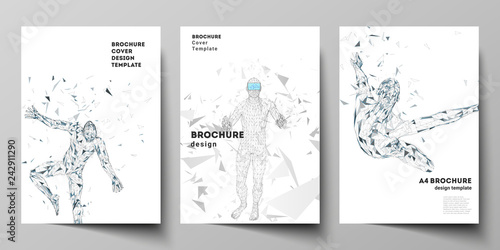 The vector layout of A4 format modern cover mockups design templates for brochure, magazine, flyer, booklet, annual report. Man with glasses of virtual reality. Abstract vr, future technology concept.