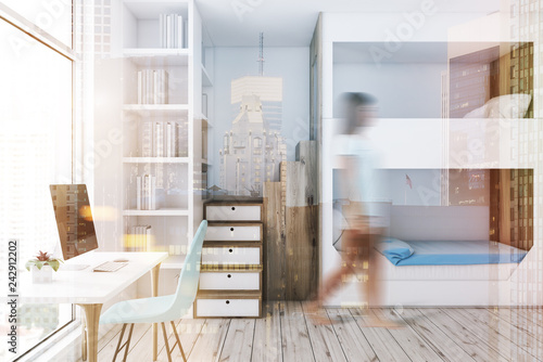 Tableau sur toile White bunk bed bedroom, computer desk, girl