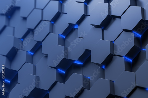 Side view of blue hexagon pattern wall