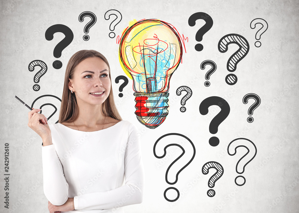 Woman with pen, question marks and lightbulb Woman with pen, question marks and lightbulb