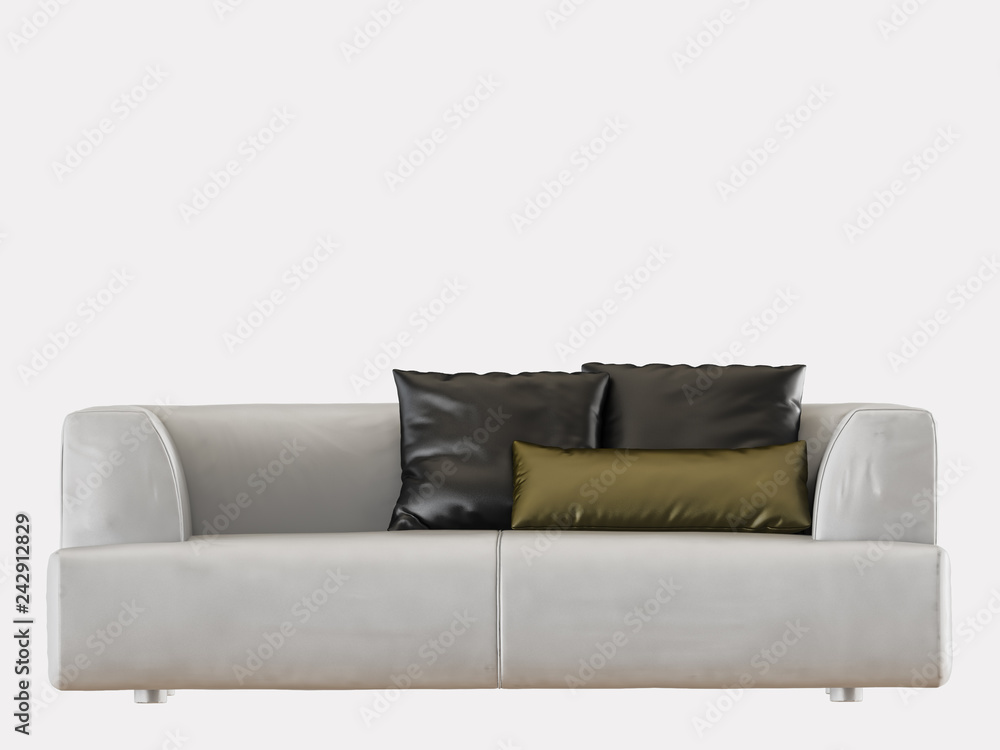 Naklejka premium White leather sofa with three pillows on a white background 3d rendering