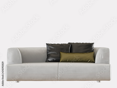 White leather sofa with three pillows on a white background 3d rendering