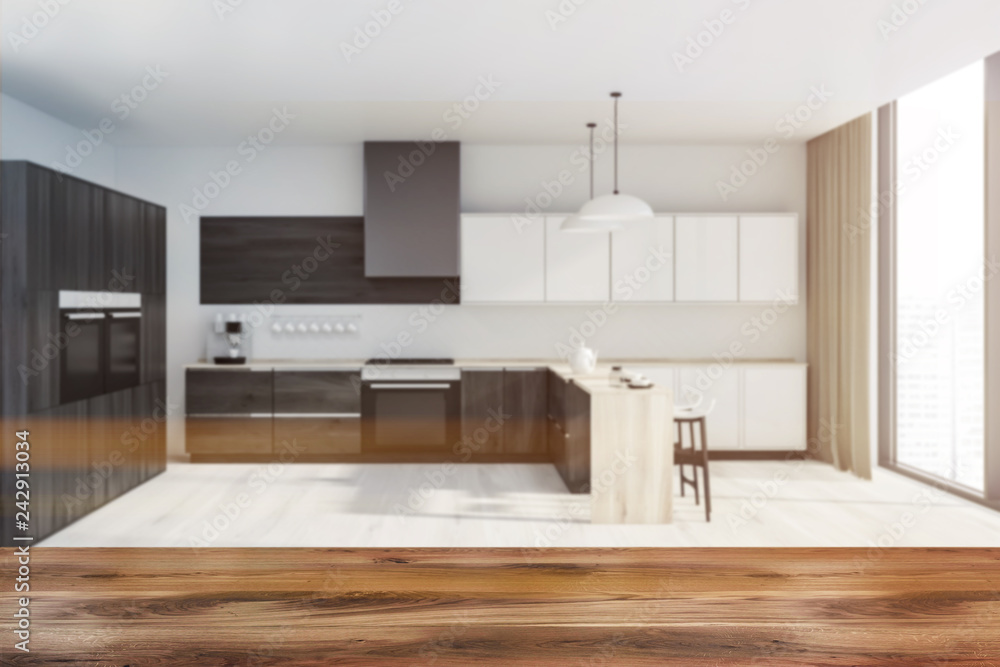 White and wooden kitchen interior, table White and wooden kitchen interior, table