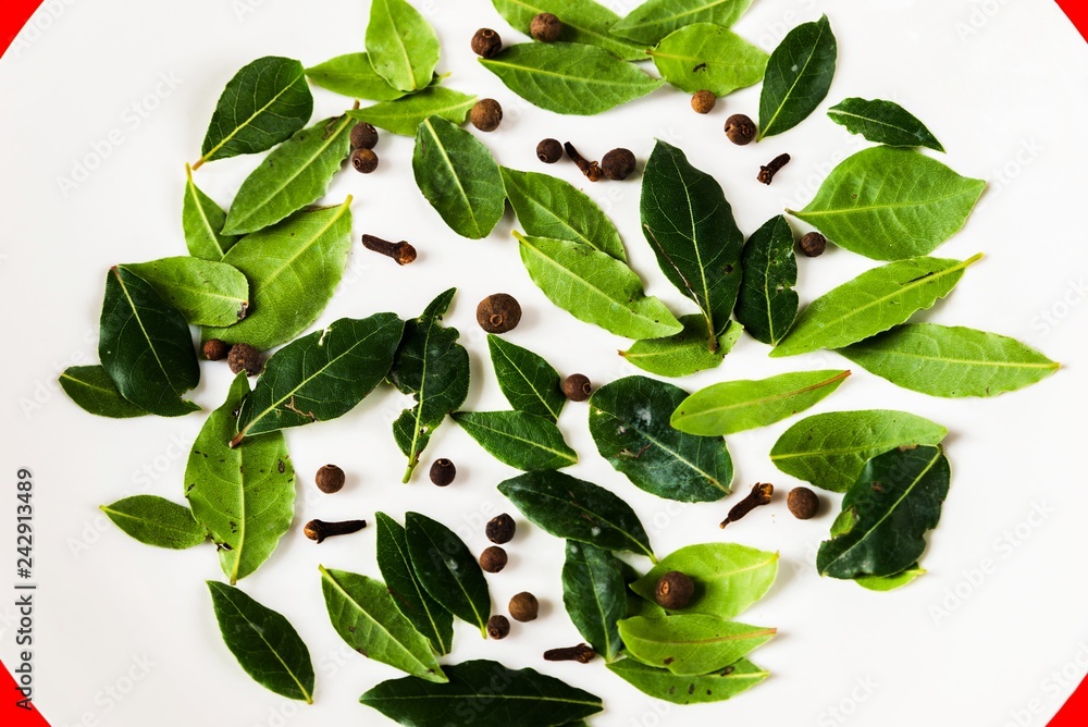 Bay leaf,allspice, clove and pepper on white background.