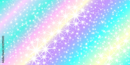 Unicorn rainbow background. Holographic sky in pastel color. Bright mermaid pattern in princess colors. Vector illustration. Fantasy gradient colorful backdrop with rainbow mesh.