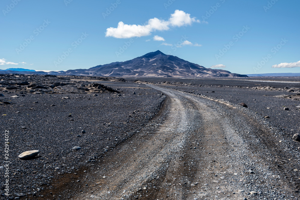 Austurleid road 910 coming through Odadahraun desert in north of Vatnajokull National Park in Central Highlands of Iceland