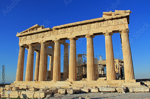 The Parthenon on the Acropolis in Athens, Greece with a beautiful blue sky copy space and no people.