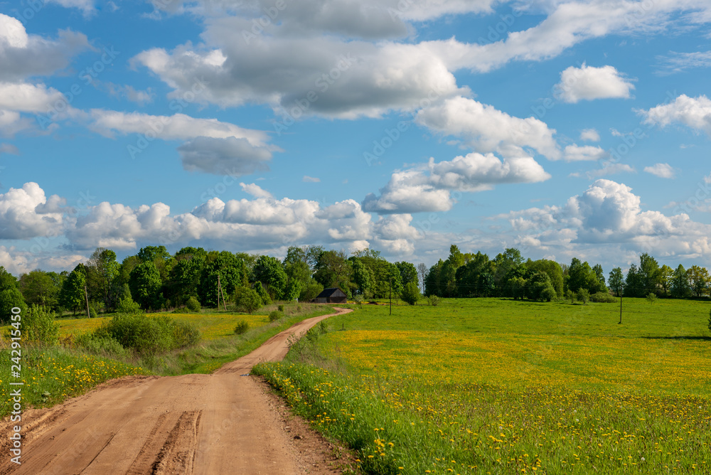 country gravel road with old and broken asphalt