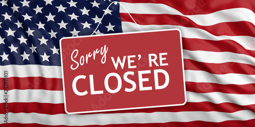 Government shutdown. Sorry we re closed on US flag background. 3d illustration