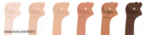 Raised Fists isolated on white background. Symbol of Unity, Revolution, Protest, Cooperation and Solidarity. Race Equality. Vector Illustration.