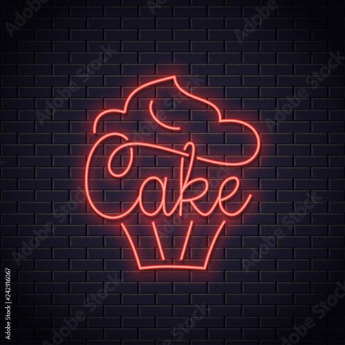 Cake neon logo of bakery. Cupcake dessert neon