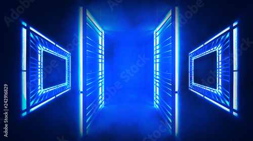 Abstract tunnel, corridor, blue neon, lamps, metal construction. 3D Rendering