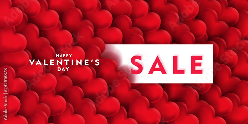 Valentine's day sale offer, banner template. 3d red heart, Valentines Heart sale tags. Shop market poster design.