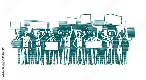 Crowd of people with placards on demonstration. Manifestation, protest sketch
