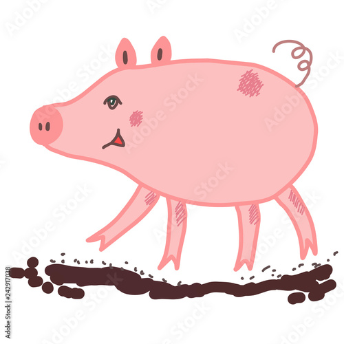 Pink piggy walking on a brown mud puddle. Cute funny cartoon character for kids design, interior decor, posters, prints, t shirt, stickers. Farm animals, pets, nature.Naughty lovely smiling chubby pig