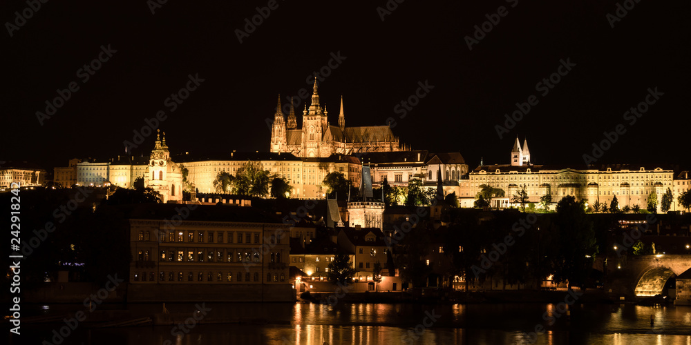 Night Panoramic view of Prague castle, Czech Republic
