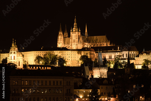 Evening view of Prague Castle with surrounding buildings, Czech Republic