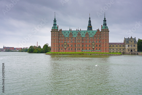 View of the Frederiksborg Castle, a landmark historic a palatial complex located in Hillerød, Denmark.