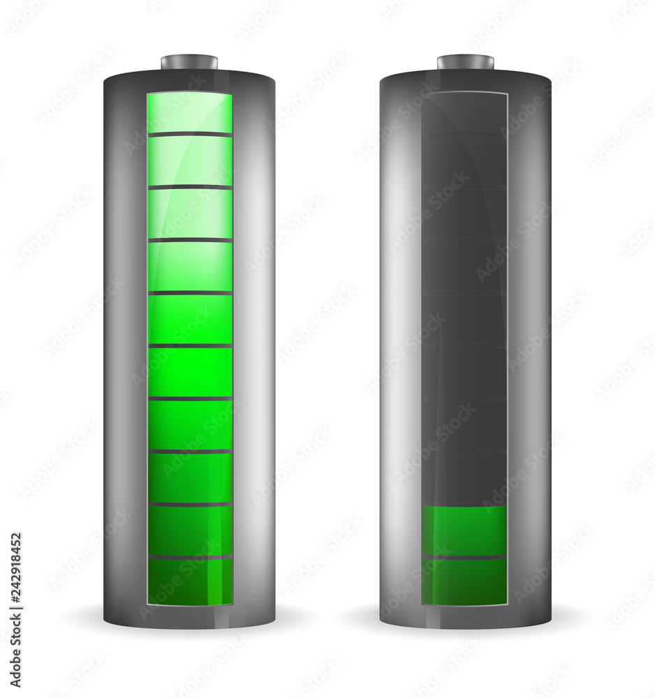 Two grey batteries with rectangle green indicator of full charge and low charge Two grey batteries with rectangle green indicator of full charge and low charge