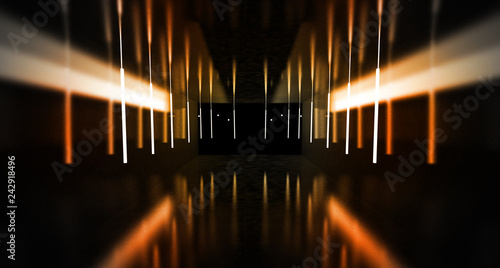 Slika na platnu Black tunnel, black gloss, neon lamps hanging from the ceiling, reflected in the walls and floor