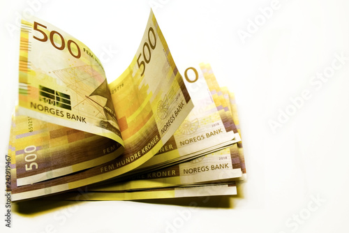 Konstfotografi Banknotes in 500 NOK. Money on white isolated background.