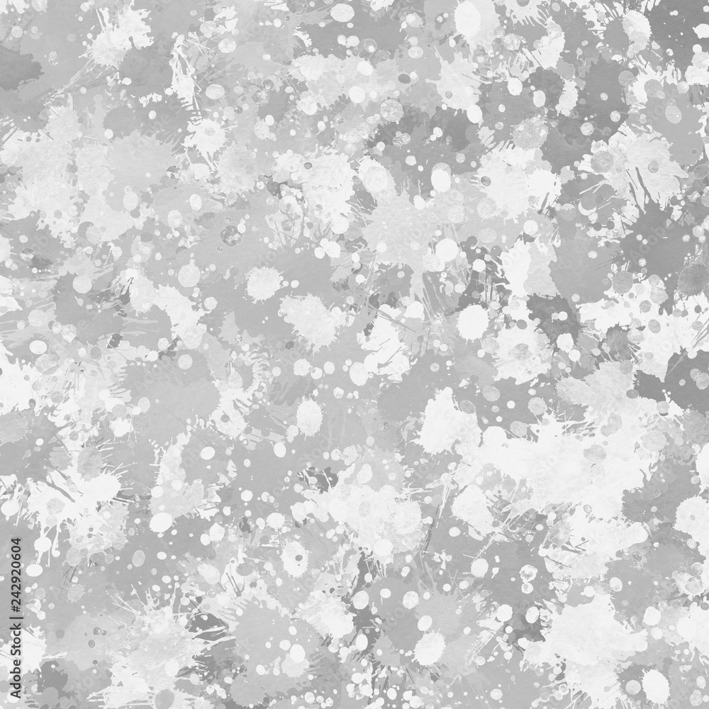Gray paint splatter effect texture on white paper background. Artistic backdrop. Different paint drops. Gray paint splatter effect texture on white paper background. Artistic backdrop. Different paint drops.
