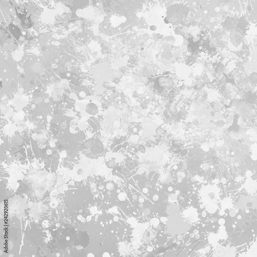 Gray paint splatter effect texture on white paper background. Artistic backdrop. Different paint drops. © artistmef