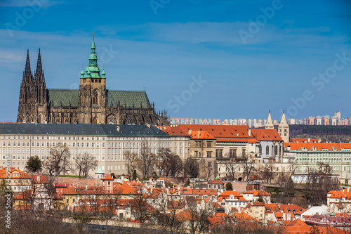 Prague Cathedral and city seen from Petrin Hill in a beautiful early spring day