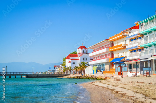 Obraz na płótnie Beautiful Paralia Katerini beach and church, Greece w salonie