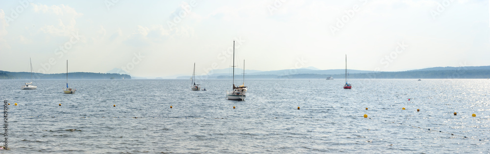 Lake marina, boats on Memphremagog lake at Magog city Qc, quebec Lake marina, boats on Memphremagog lake at Magog city Qc, quebec
