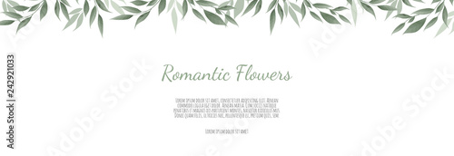 Horisontal botanical vector design banner. Pink rose, eucalyptus, succulents, flowers, greenery. Natural spring card or frame.