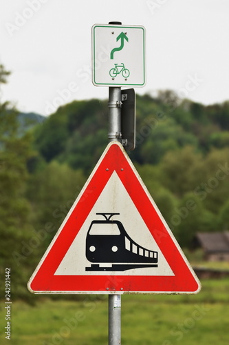 Traffic indicator, train attention -Road sign used in Germany - rail road crossing without barrier.