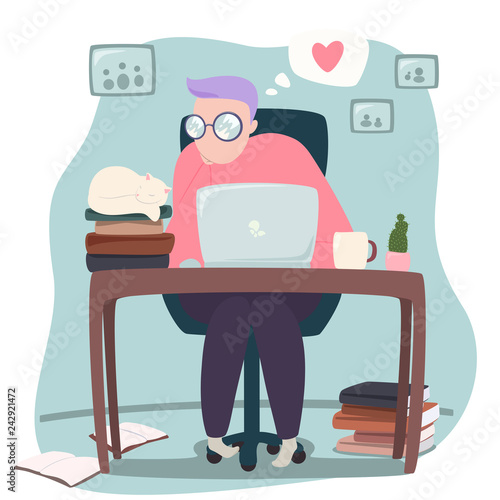Quadro em tela vector illustration of human working on laptop, with sleeping cat on the books