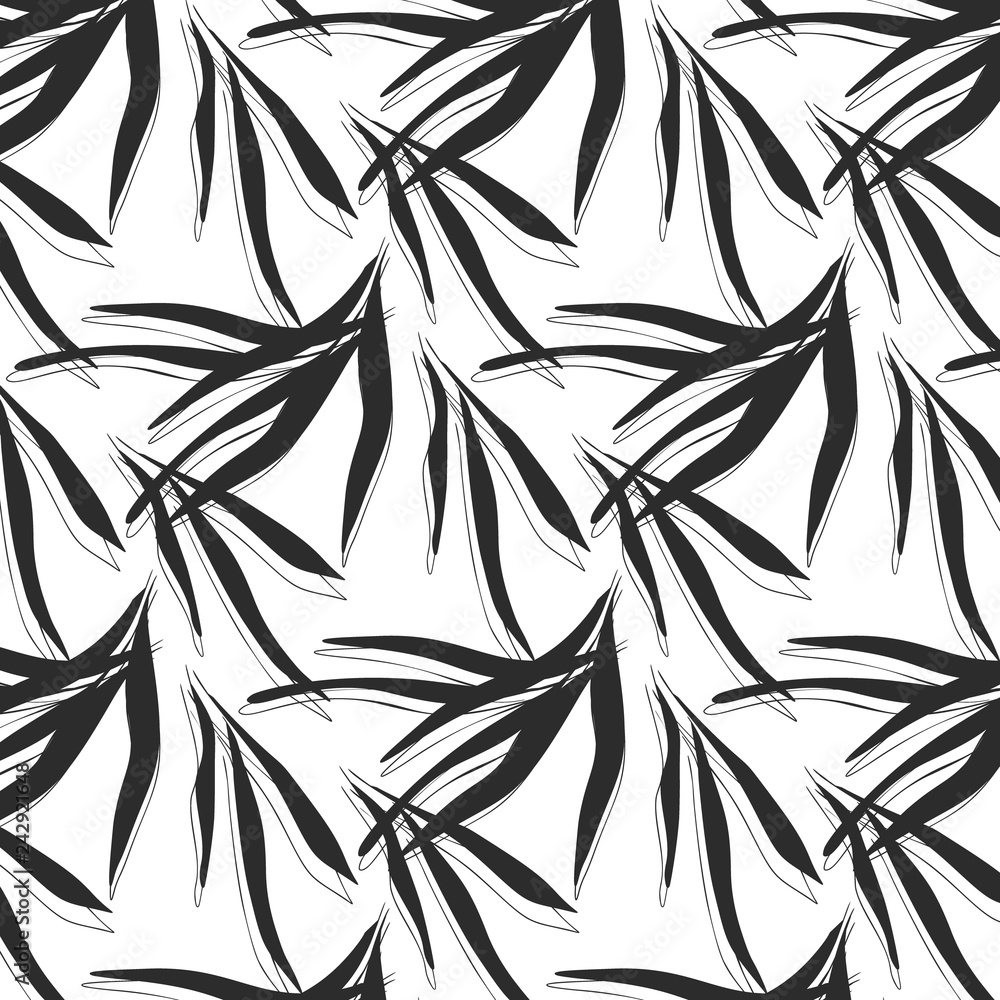 Vector tropical dark palm  leaves with grunge decoration. Exotic paint traces on white background. Banana leaves dynamic black white pattern.